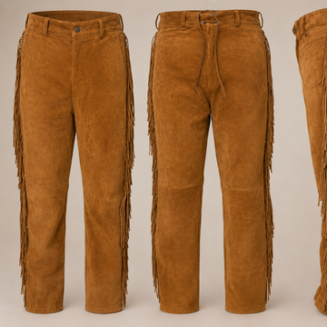 Men Native American Western Cowboy Leather Pants Full Leg Fringe Suede Leather