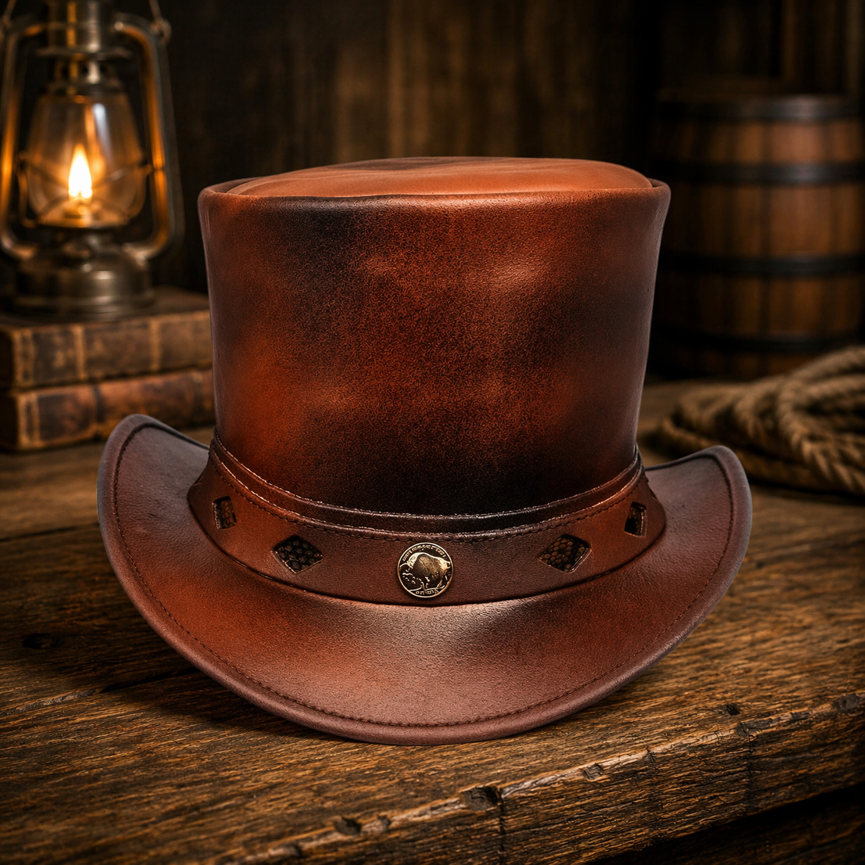 Steampunk Gothic Biker Motrcycle Topper Top Hat with Diamond Inlay Brown Leather