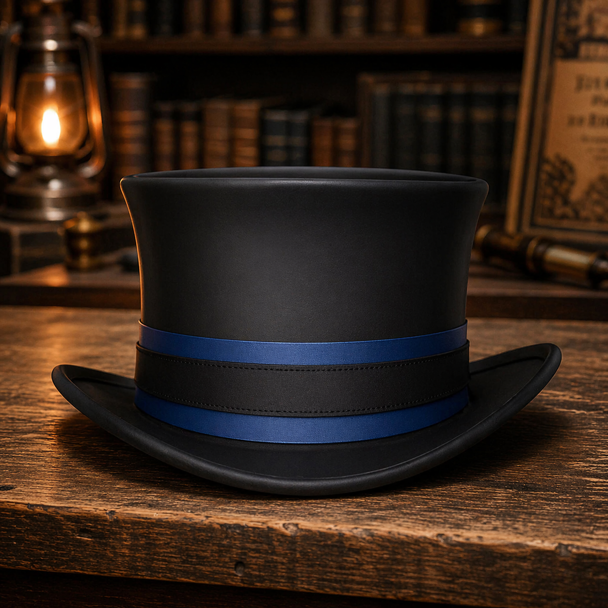 Handcrafted Black Leather Top Hat with Blue Lining – Steampunk Gothic Cosplay