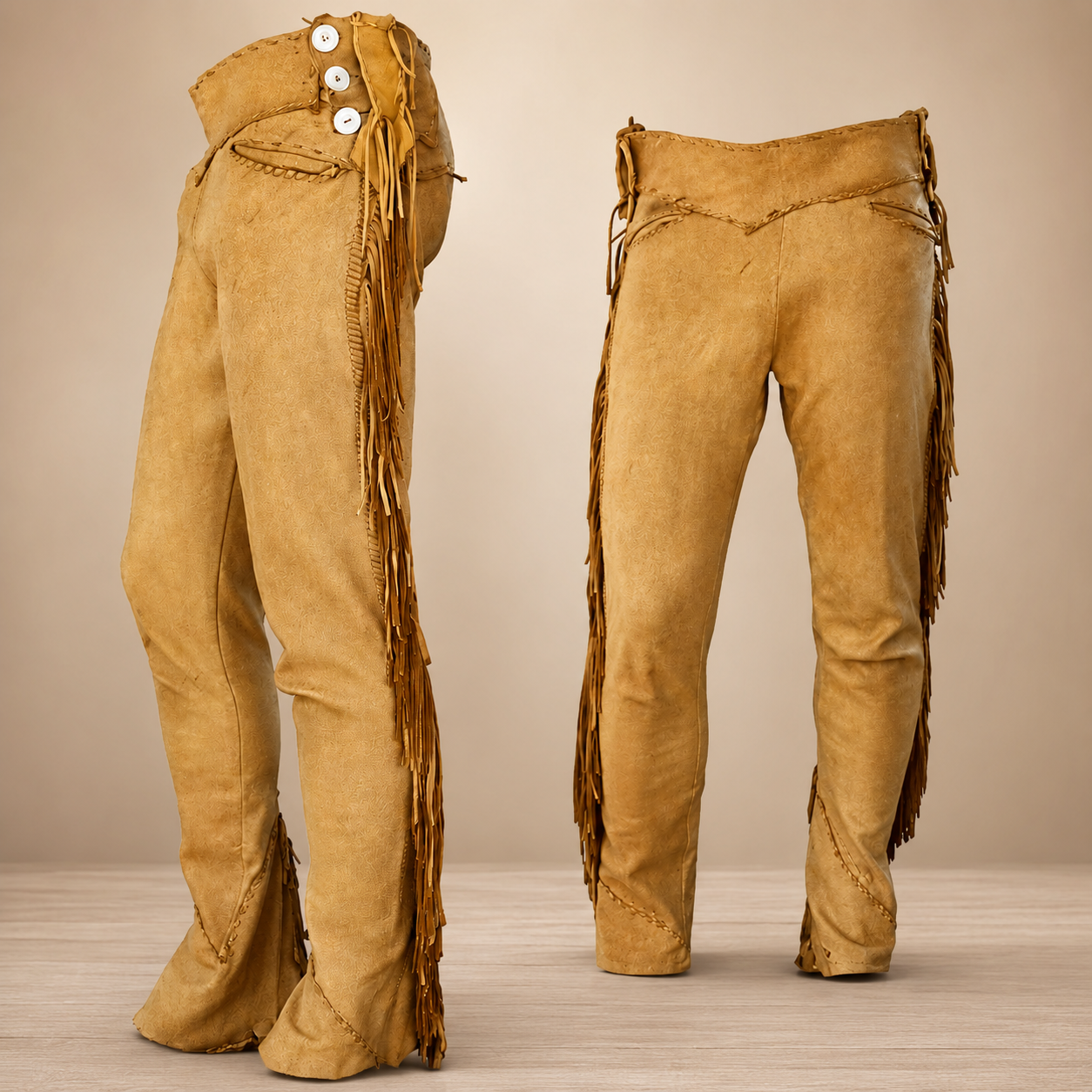 Men Native American Western Cowboy Leather Pants Suede Leg Side Fringe GoldBrown