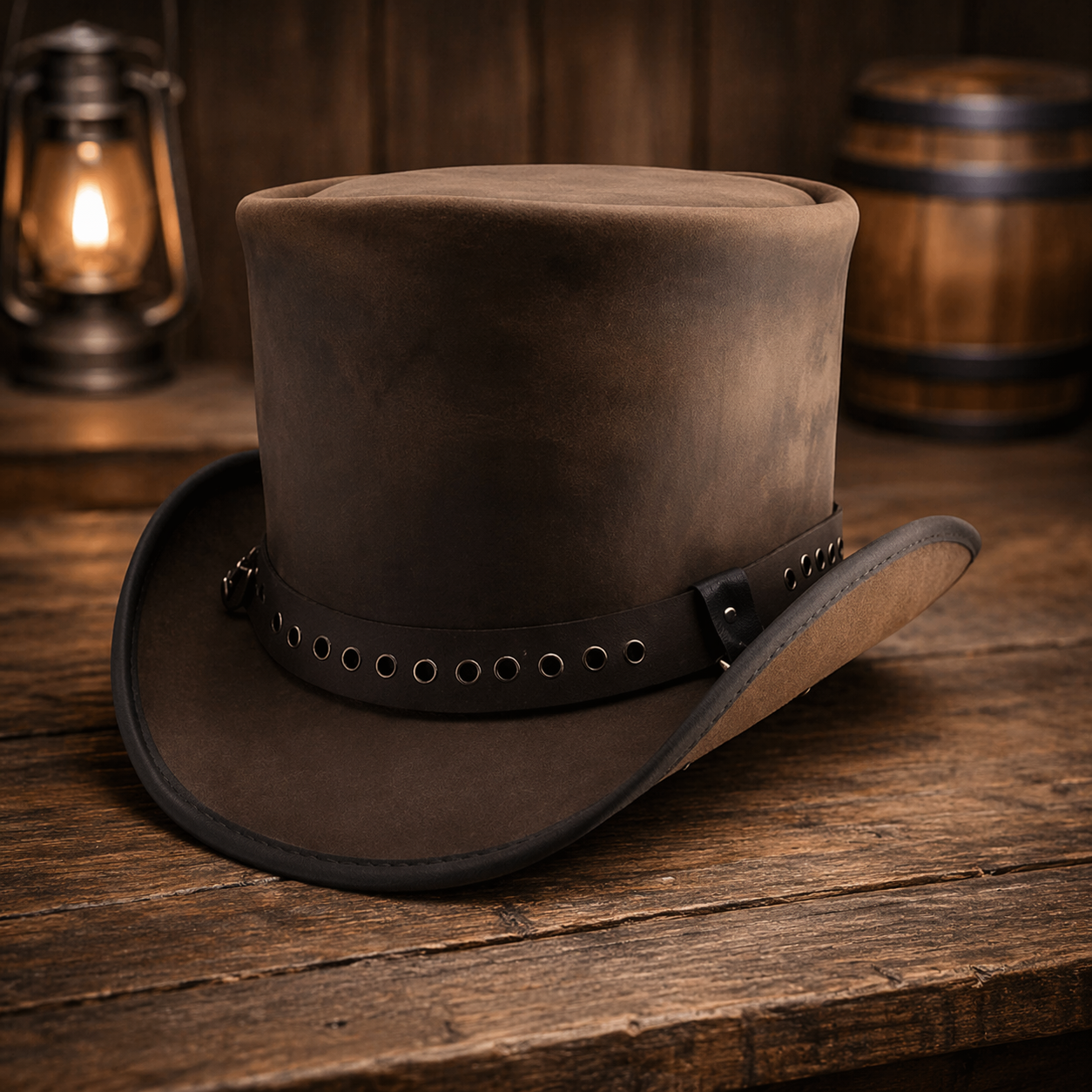 Brown Leather Rings Band Hat Hand Made Leather Top Hat Steampunk Top Hat Gothic