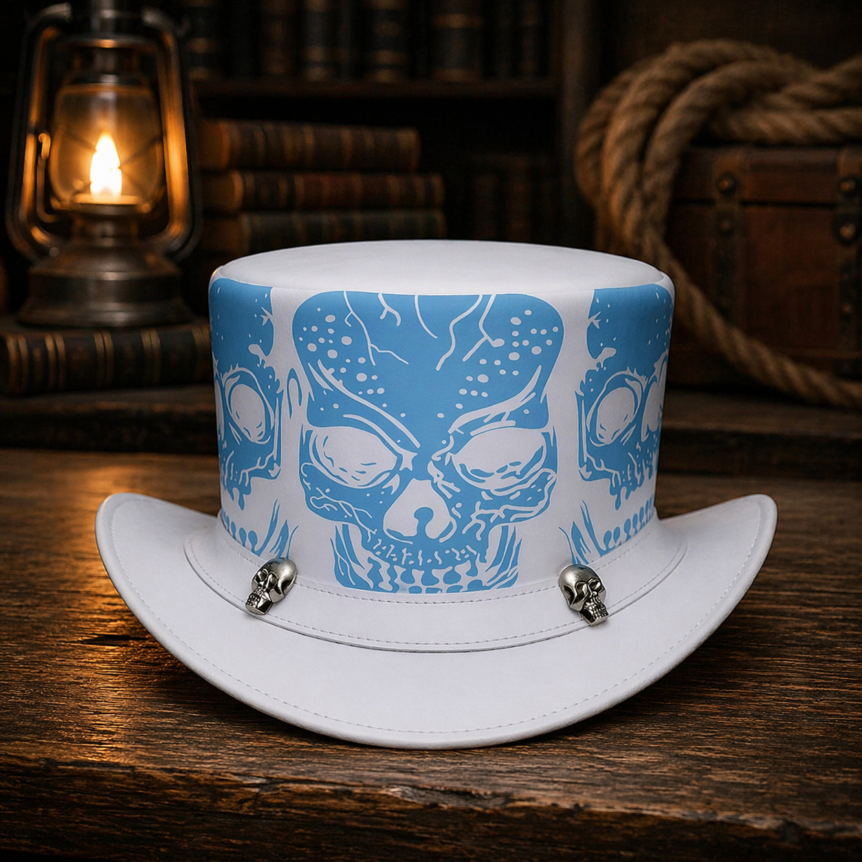Handcrafted White Leather Top Hat with Red Skull Design – Gothic Steampunk Style
