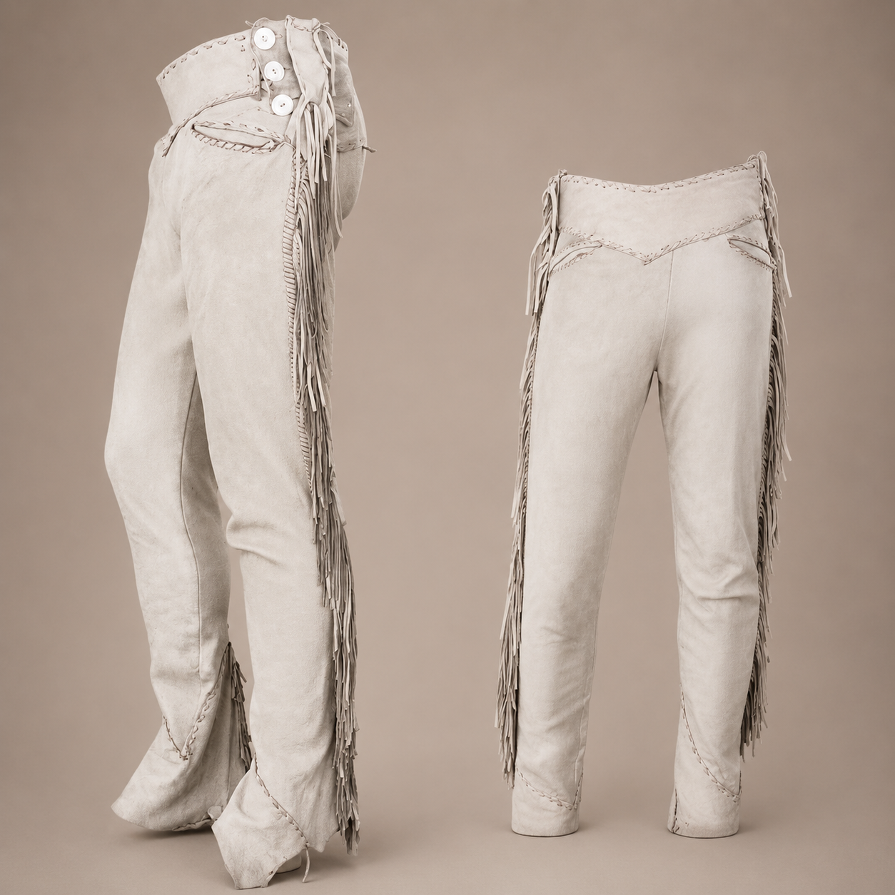 Men Native American Western Cowboy Leather Pants Suede Leg Side Fringe White