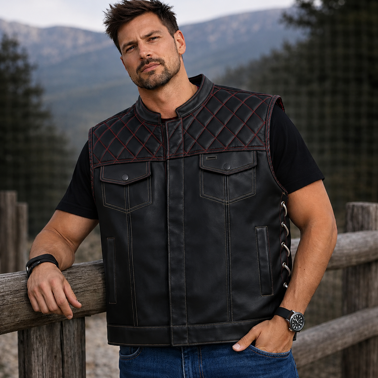 Men Leather Club Vest USA Flag Diamond Quilted Leather Vest,Men Biker Leather Vest ,Motorcycle Rider Waistcoat- Gift For Him Gift For Men