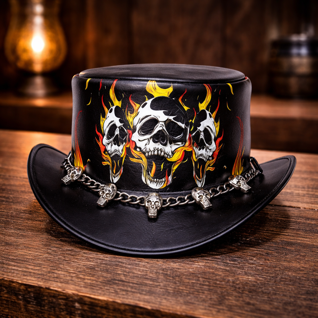 Halloween Hat Handmade Leather Top Skull & Fire Band Style - Steampunk Top Hat