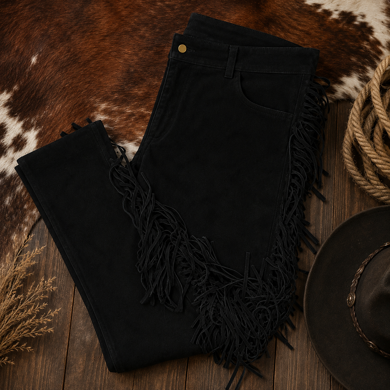 Men Native American Western Cowboy Leather Pants Suede Leather Fringe - Black