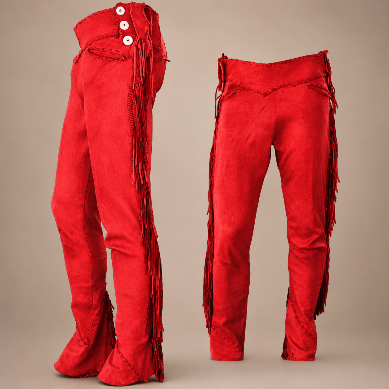 Men Native American Western Cowboy Leather Pants Suede Leg Side Fringe Red