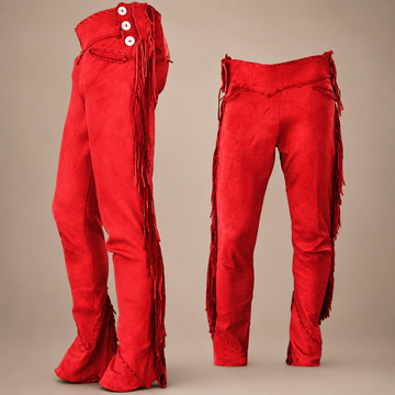 Men Native American Western Cowboy Leather Pants Suede Leg Side Fringe Red
