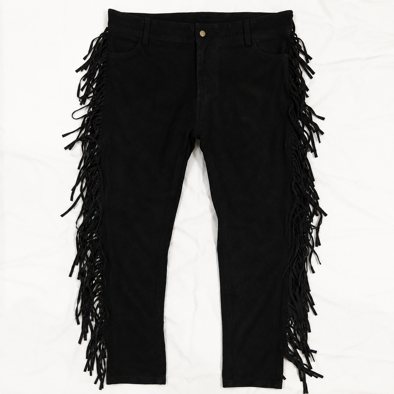 Men Native American Western Cowboy Leather Pants Suede Leather Fringe - Black