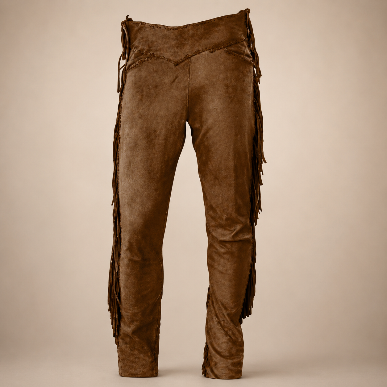 Men Native American Western Cowboy Leather Pants Suede Leg Side Fringe Brown