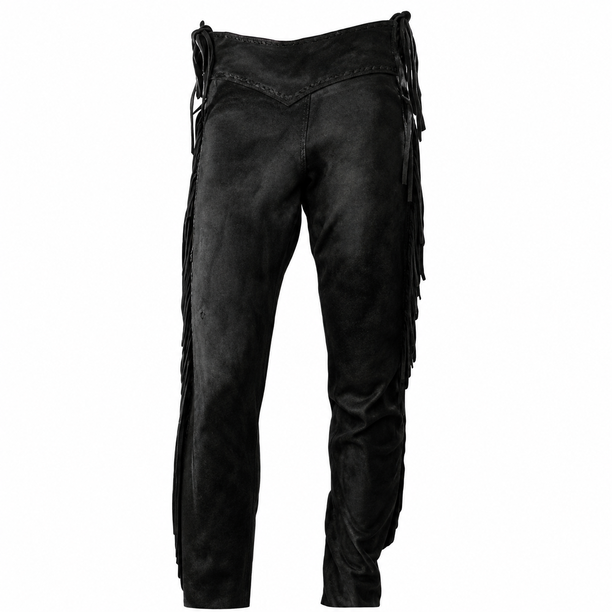 Men Native American Western Cowboy Leather Pants Suede Leg Side Fringe Black