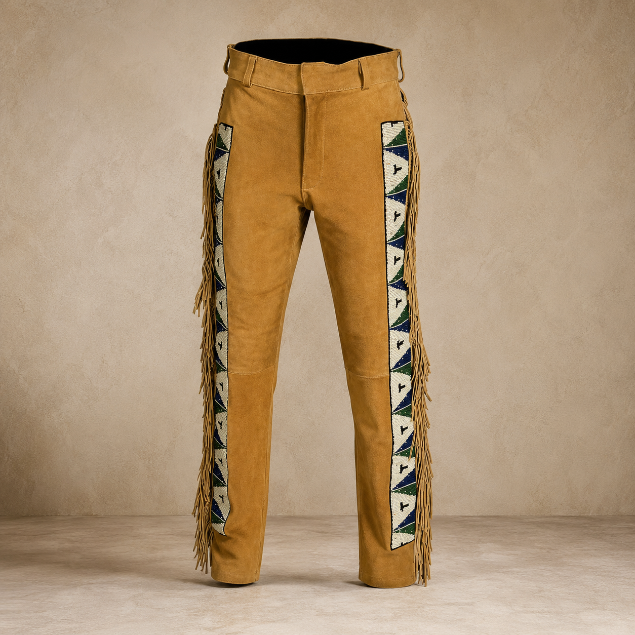 Men Native American Western Cowboy Leather Pants Suede Fringe Full Leg Beaded