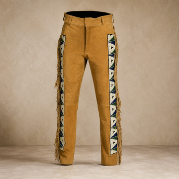 Men Native American Western Cowboy Leather Pants Suede Fringe Full Leg Beaded