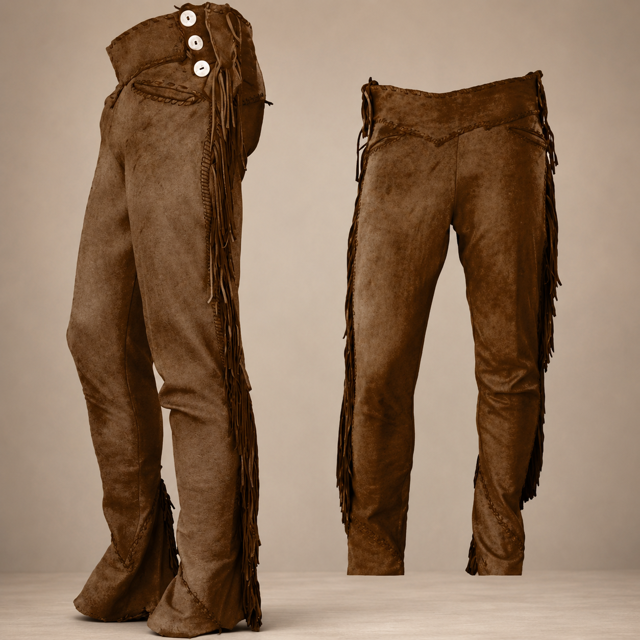 Men Native American Western Cowboy Leather Pants Suede Leg Side Fringe Brown