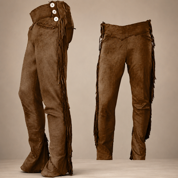 Men Native American Western Cowboy Leather Pants Suede Leg Side Fringe Brown