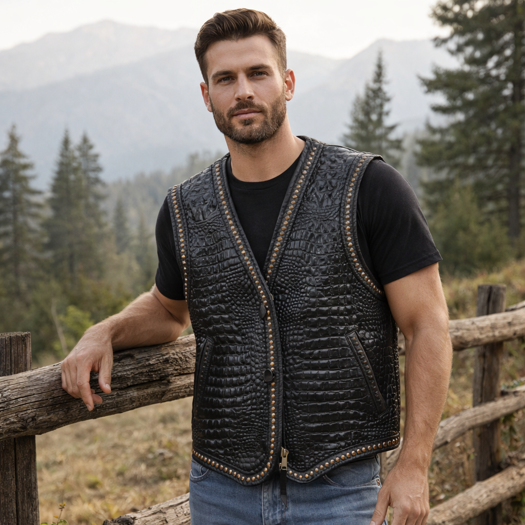 Men Leather Club Vest Crocodile Embossed Western Leather Vest,Men Biker Leather Vest ,Motorcycle Rider Waistcoat- Gift For Him Gift For Men
