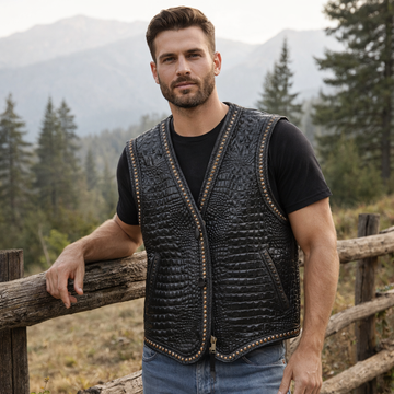 Men Leather Club Vest Crocodile Embossed Western Leather Vest,Men Biker Leather Vest ,Motorcycle Rider Waistcoat- Gift For Him Gift For Men