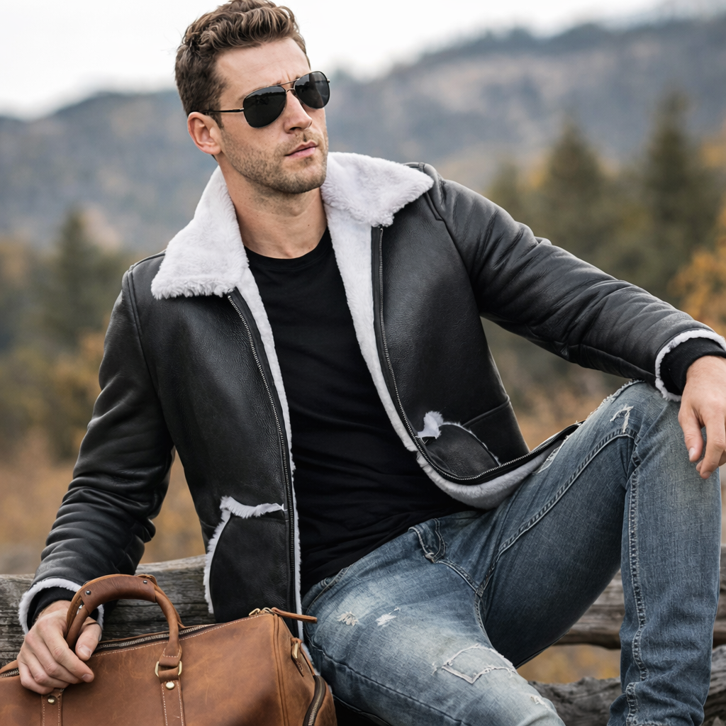 Alberto White Fur Black Leather Jacket