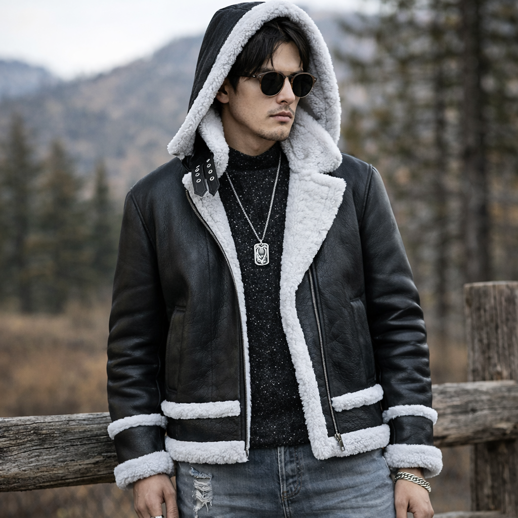 Aviator Leather White Fur Jacket With Hood