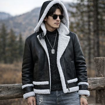 Aviator Leather White Fur Jacket With Hood