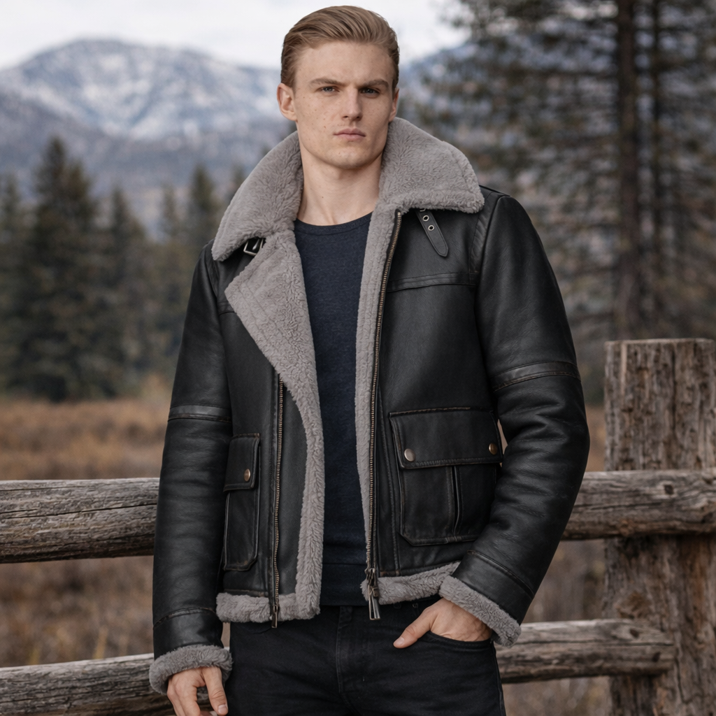 Black b3 Bomber Men Shearling Motorcycle Jacket with Fur