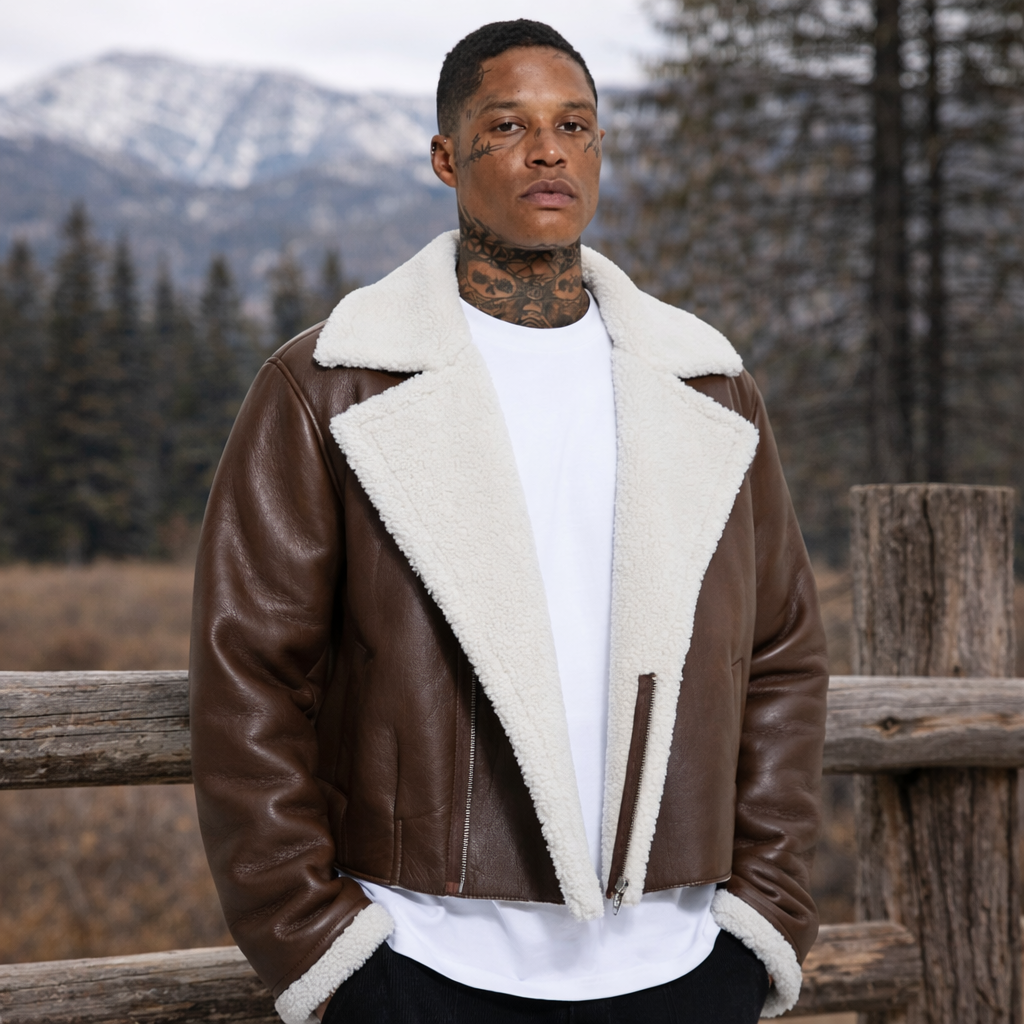 Boxy Borg Trim Leather Fur Jacket
