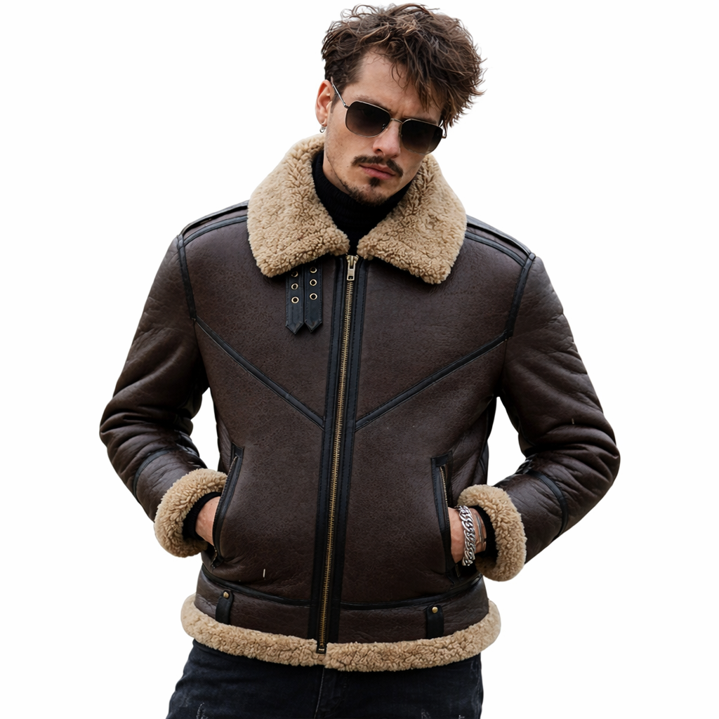 Mens Aviator B3 Red Leather Shearling Fur Jacket