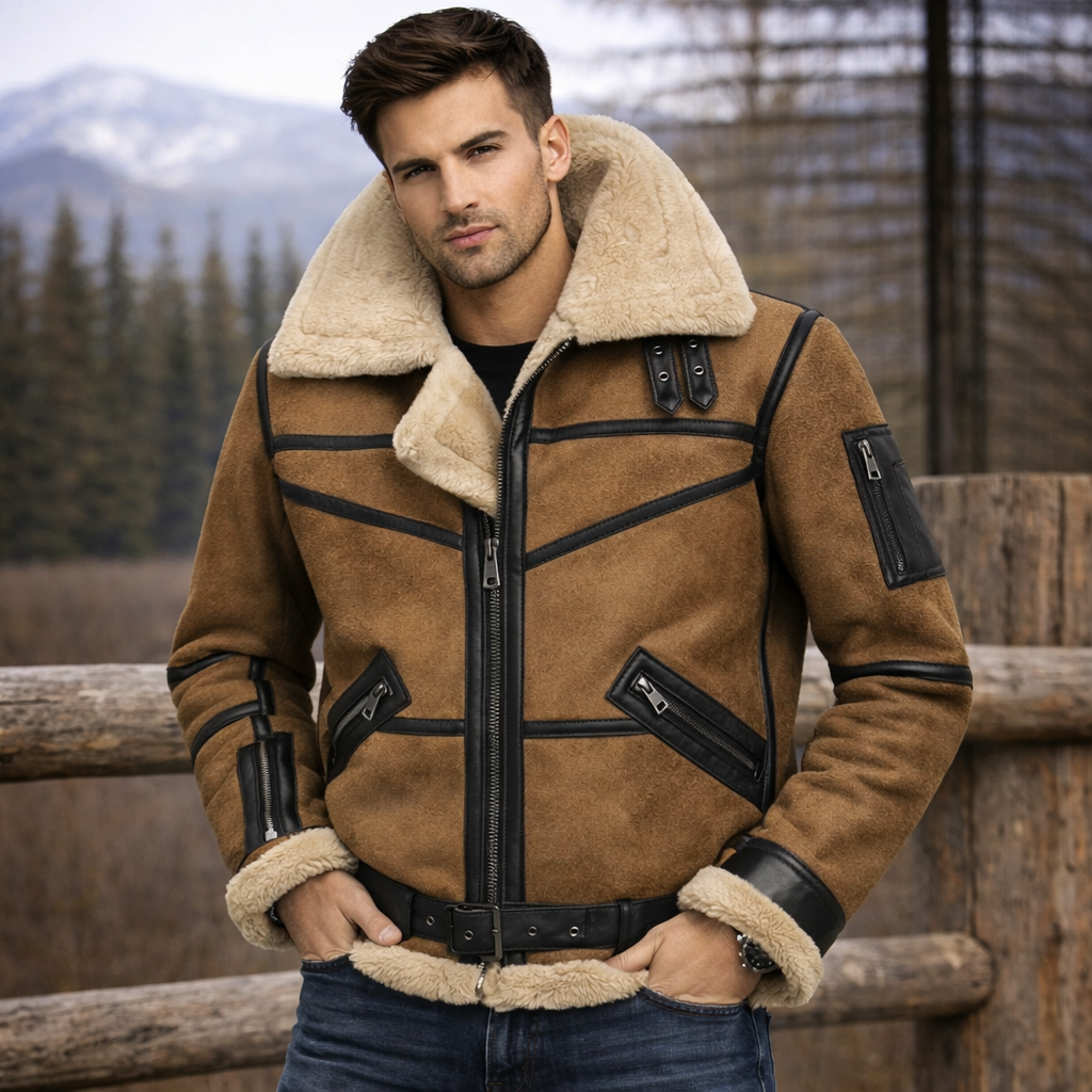 Mens B3 Bomber Leather Jacket Denim Style With Fur
