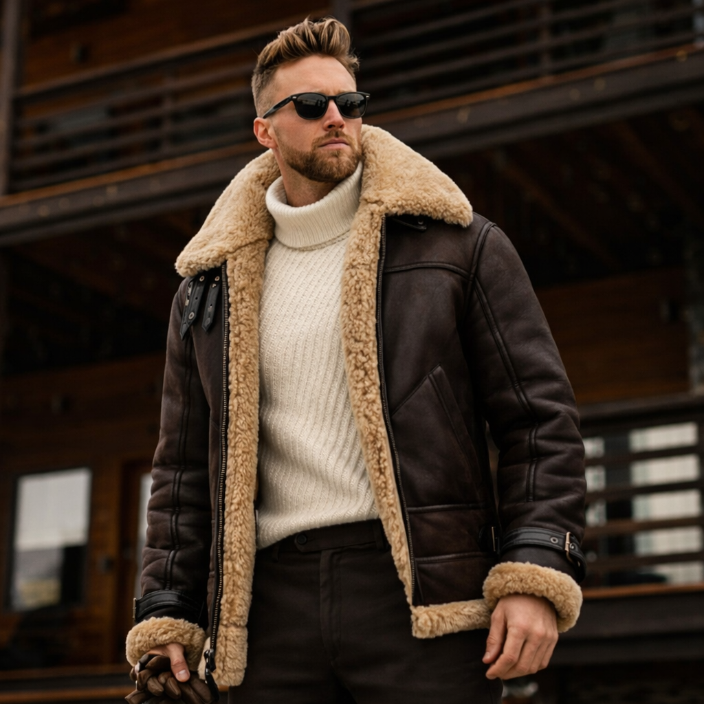 Shearling Bomber Jacket with Side Buckle Collar