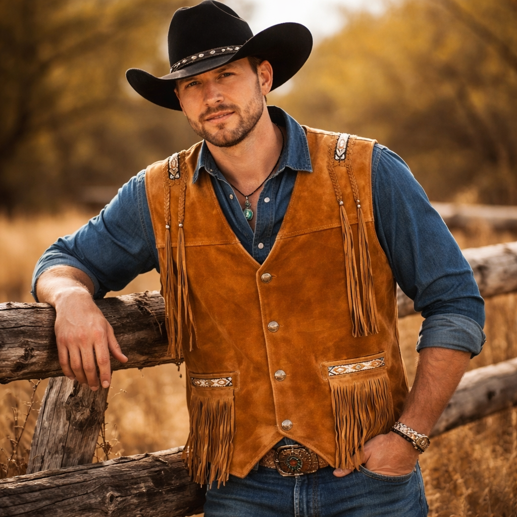 Men Suede Leather Western Style Vest Fringed & Beaded Waistcoat - Tan Brown