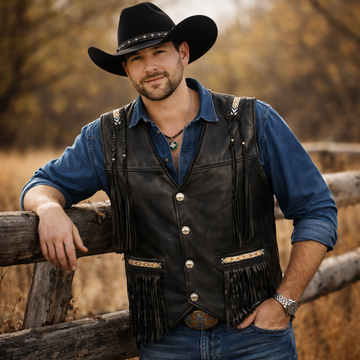 Men Real Leather Western Style Vest Fringed & Beaded Waistcoat - Black Leather