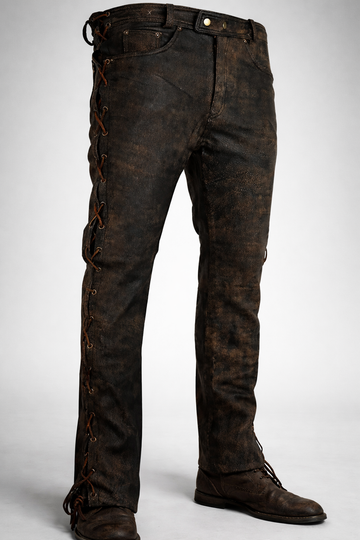 Men’s Vintage Distressed Leather Cargo Pants, Handmade Biker Western Trousers with Side Lases , Rugged Retro Style Gift for Him