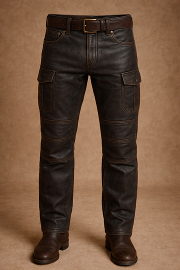 Men’s Vintage Distressed Leather Cargo Pants, Handmade Biker Western Trousers with Six Pockets, Rugged Retro Style Gift for Him