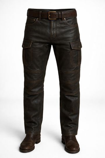 Men’s Vintage Distressed Leather Cargo Pants, Handmade Biker Western Trousers with Six Pockets, Rugged Retro Style Gift for Him