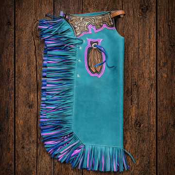 Hand Crafted Native American Cowboy Style Blue & purple Carving Leather Pant Rodeo Style Chap Mountain Men Leather Gifts For Men