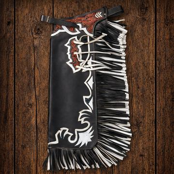 Hand Crafted Native American Cowboy Style Black Leather Tooling carving Pant Rodeo Style Fringes Chap Mountain Men Western Gifts For Men