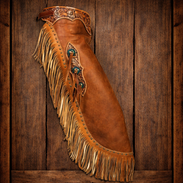 Men's Hand Crafted Tooled Yoke Native American Cowboy Leather Pant Rodeo Style Short Chap Mountain Men Western Buck Leather Gifts For Men