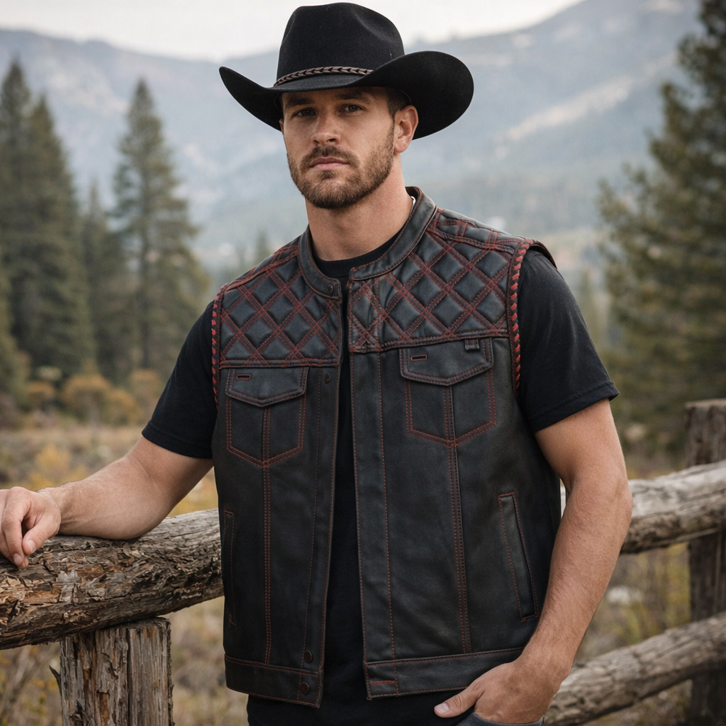 Men Hunter Club Diamond Quilted Red Paisley Leather Vest Cowhide Leather Vest, Men Biker Leather vest ,Motorcycle vest- Gifts For him