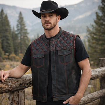 Men Hunter Club Diamond Quilted Red Paisley Leather Vest Cowhide Leather Vest, Men Biker Leather vest ,Motorcycle vest- Gifts For him