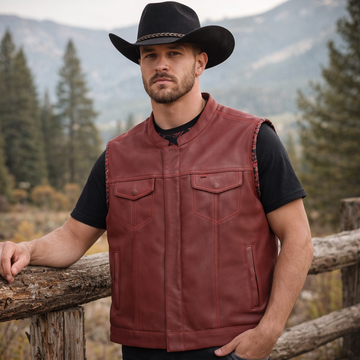 Men Leather Club Vest Cowhide Maroon Leather Vest, Men Biker Leather Vest ,Braided Motorcycle Rider Waistcoat- Gifts For Him Gifts For Men