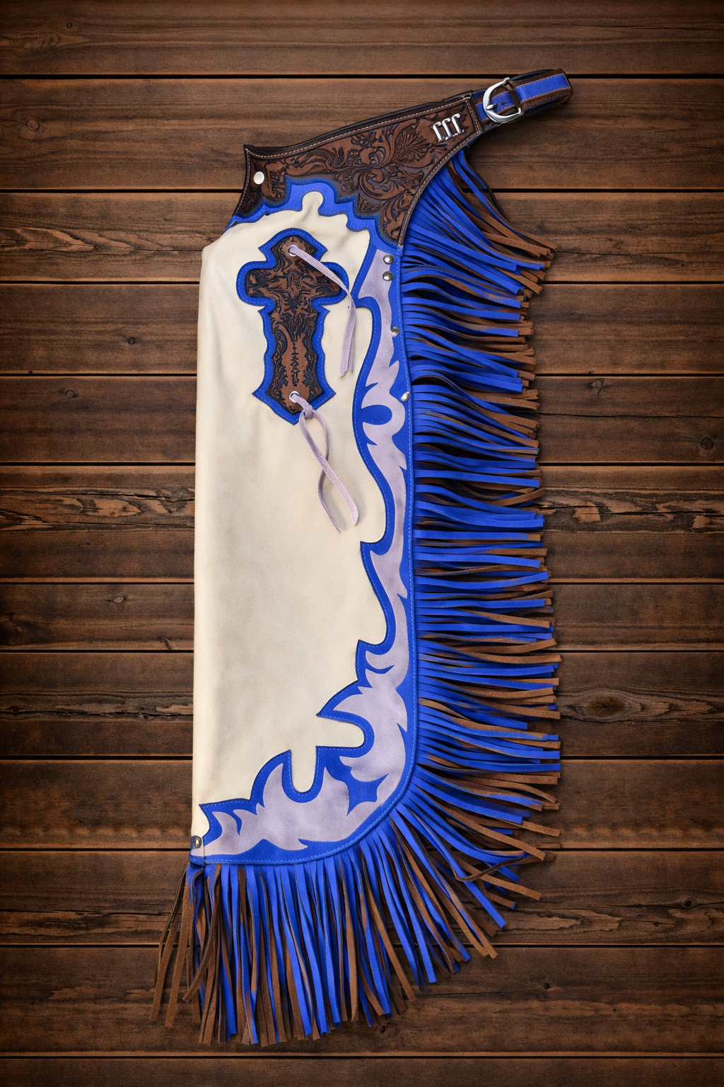 Hand Crafted Native American Cowboy Rodeo Chap Style Tooling Carving Beige & Blue Leather Pant Style Chap Western Buck Leather Gifts For Men