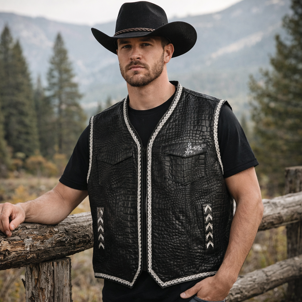 Men Leather Club Vest Crocodile Embossed Western Leather Vest,Men Biker Leather Vest ,Motorcycle Rider Waistcoat- Gift For Him Gift For Men