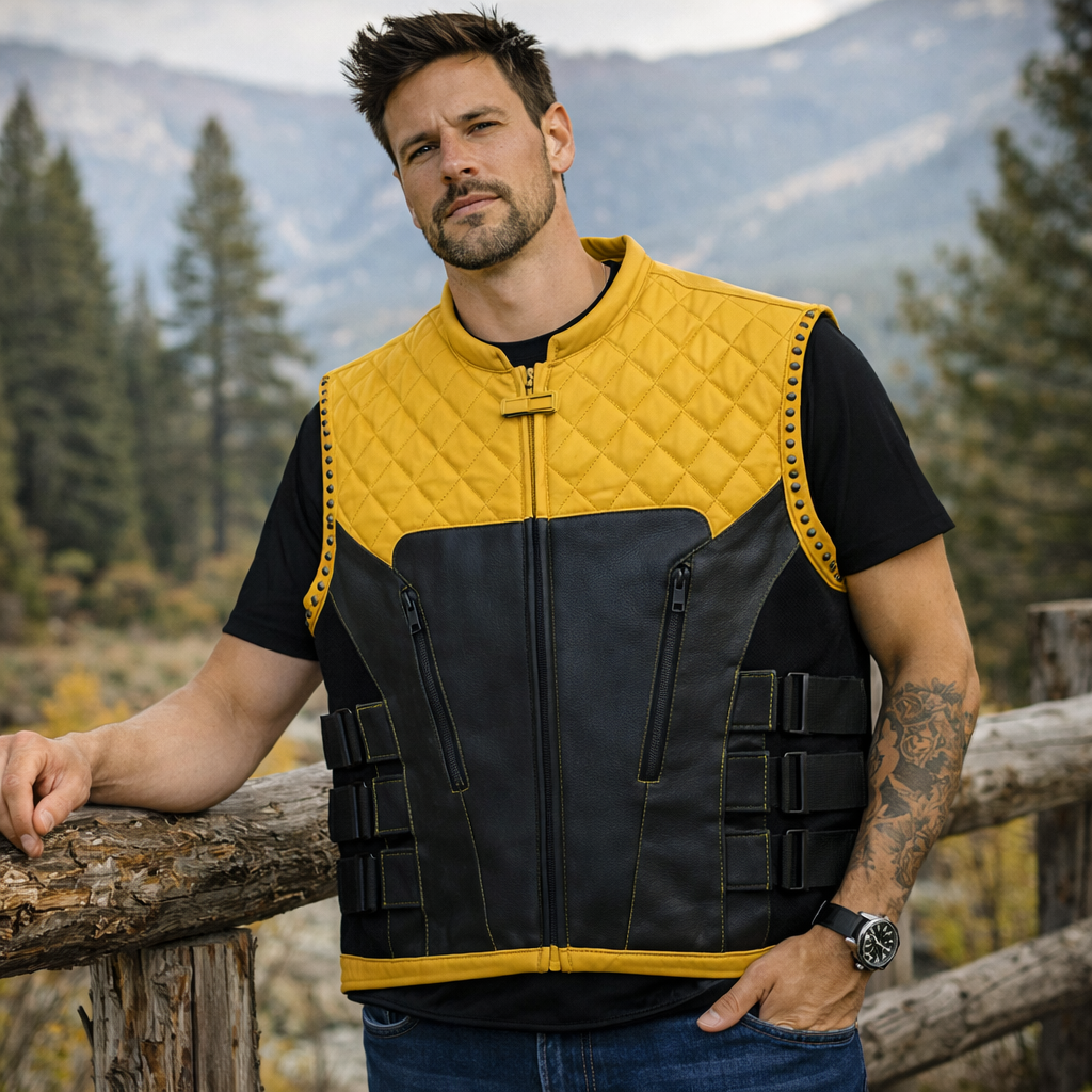 Men Leather Club Vest Cowhide Yellow Paisley Leather Vest, Men Biker Leather Vest , Motorcycle Rider Waistcoat- Gift For Him Gift For Men
