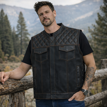 Men Leather Club Vest Orange Diamond Quilted Lases Leather Vest,Men Biker Leather Vest Motorcycle Rider Waistcoat- Gift For Him Gift For Men