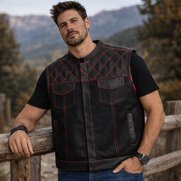 Men Leather Club Vest Red Diamond Quilted Leather Vest,Men Biker Leather Vest ,Motorcycle Rider Waistcoat- Gift For Him Gift For Men