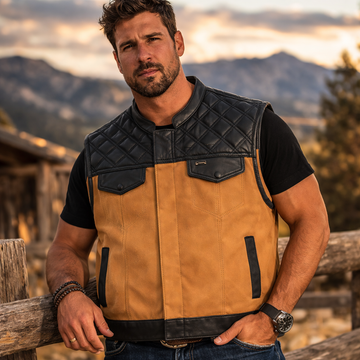 Men Leather Club Vest Diamond Quilted Tan Canvas Leather Vest,Men Biker Leather Vest ,Motorcycle Rider Waistcoat- Gift For Him Gift For Men