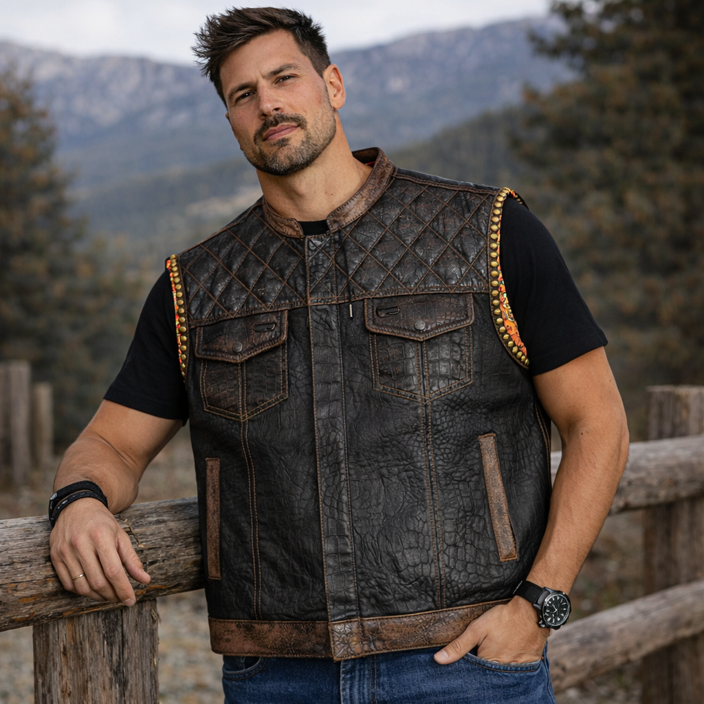 Men Leather Club Vest Crocodile Embossed Western Leather Vest,Men Biker Leather Vest ,Motorcycle Rider Waistcoat- Gift For Him Gift For Men