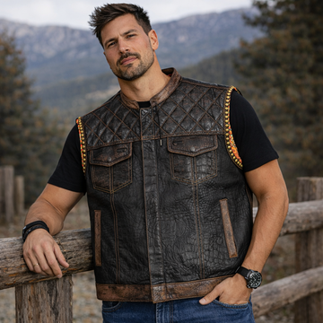 Men Leather Club Vest Crocodile Embossed Western Leather Vest,Men Biker Leather Vest ,Motorcycle Rider Waistcoat- Gift For Him Gift For Men