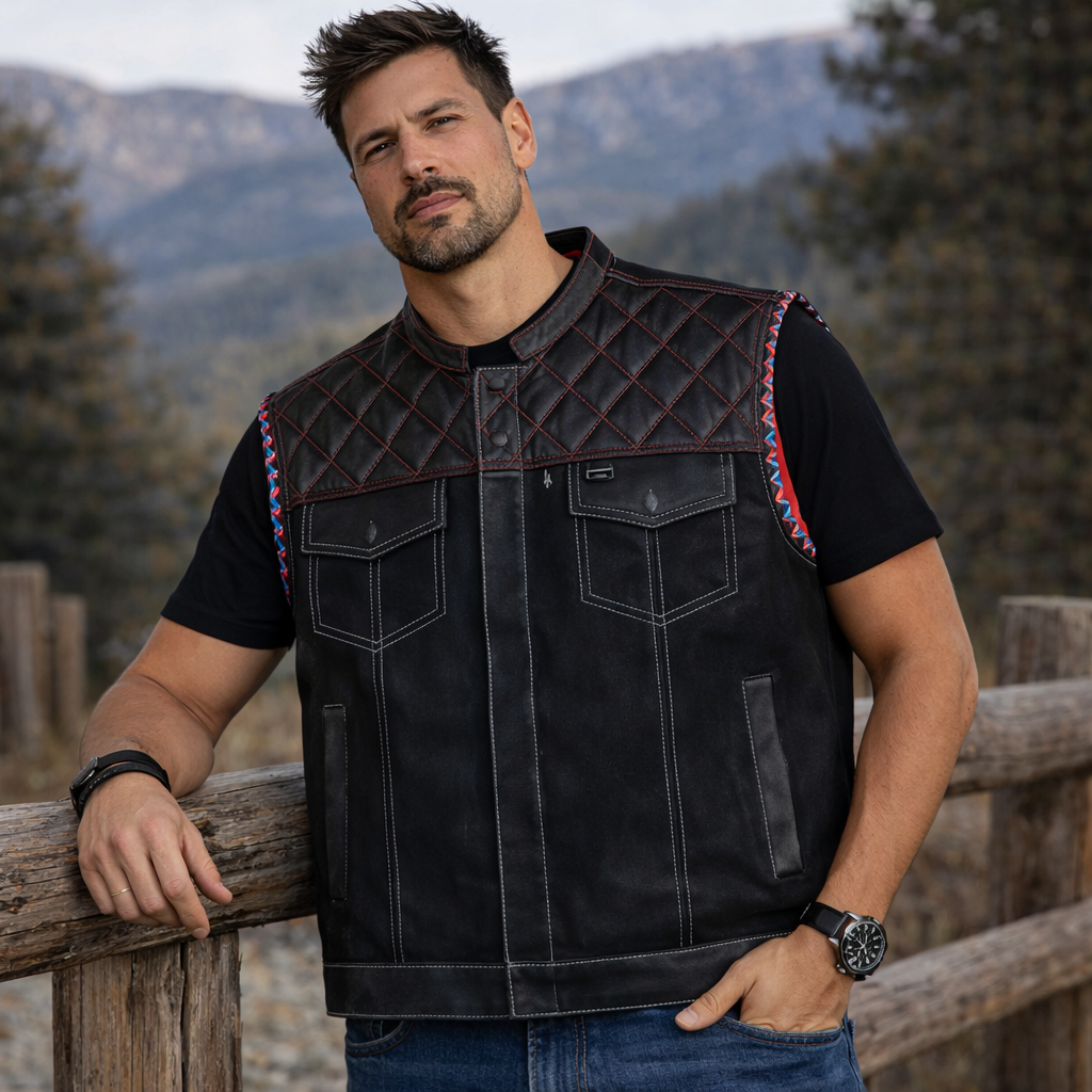 Men Leather Club Vest Diamond Quilted USA Flag Leather Vest,Men Biker Leather Vest ,Motorcycle Rider Waistcoat- Gift For Him Gift For Men