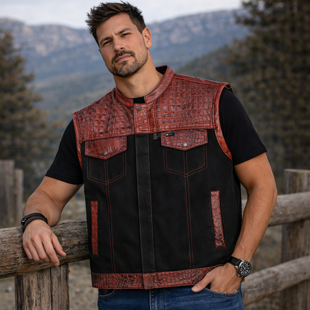 Men Leather Club Vest Crocodile Embossed Wax Leather Vest, SOA Men Biker Leather Vest ,Motorcycle Rider Waistcoat- Gift For Him Gift For Men